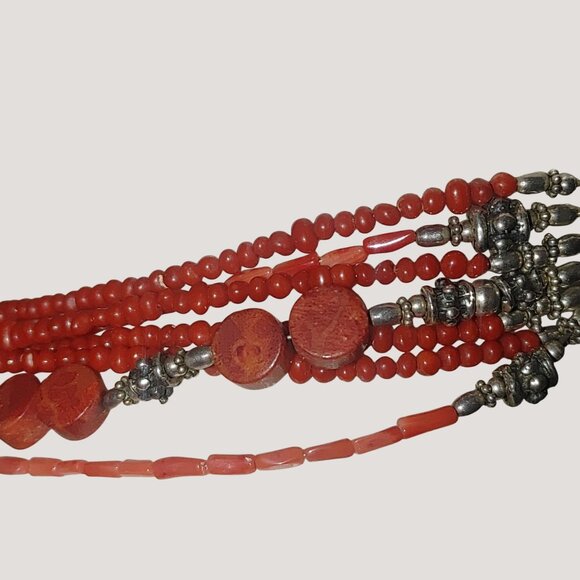Red Coral Multi Strand Necklace 16 Inch Mexican 925 Sterling Silver Intricate - Picture 8 of 11
